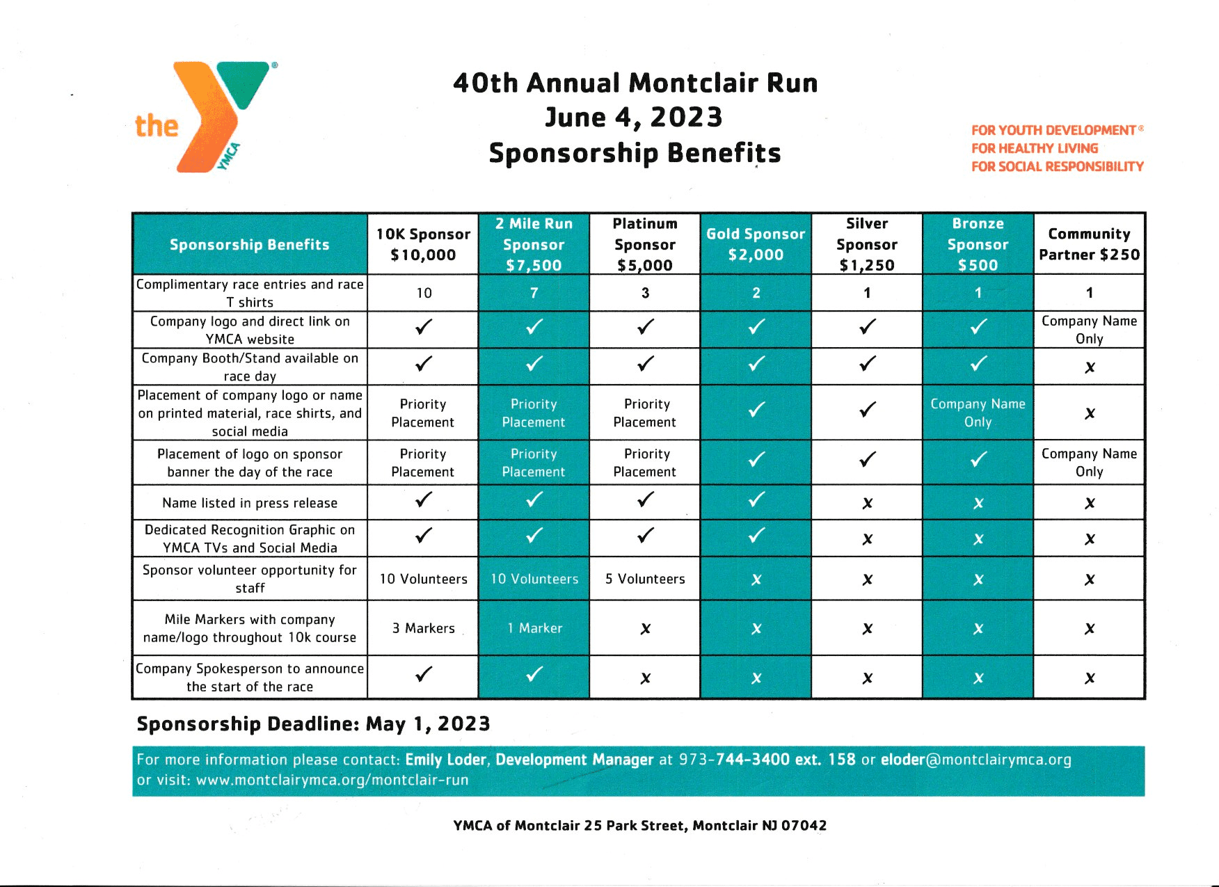 2023 sponsorship benefits for the montclair run